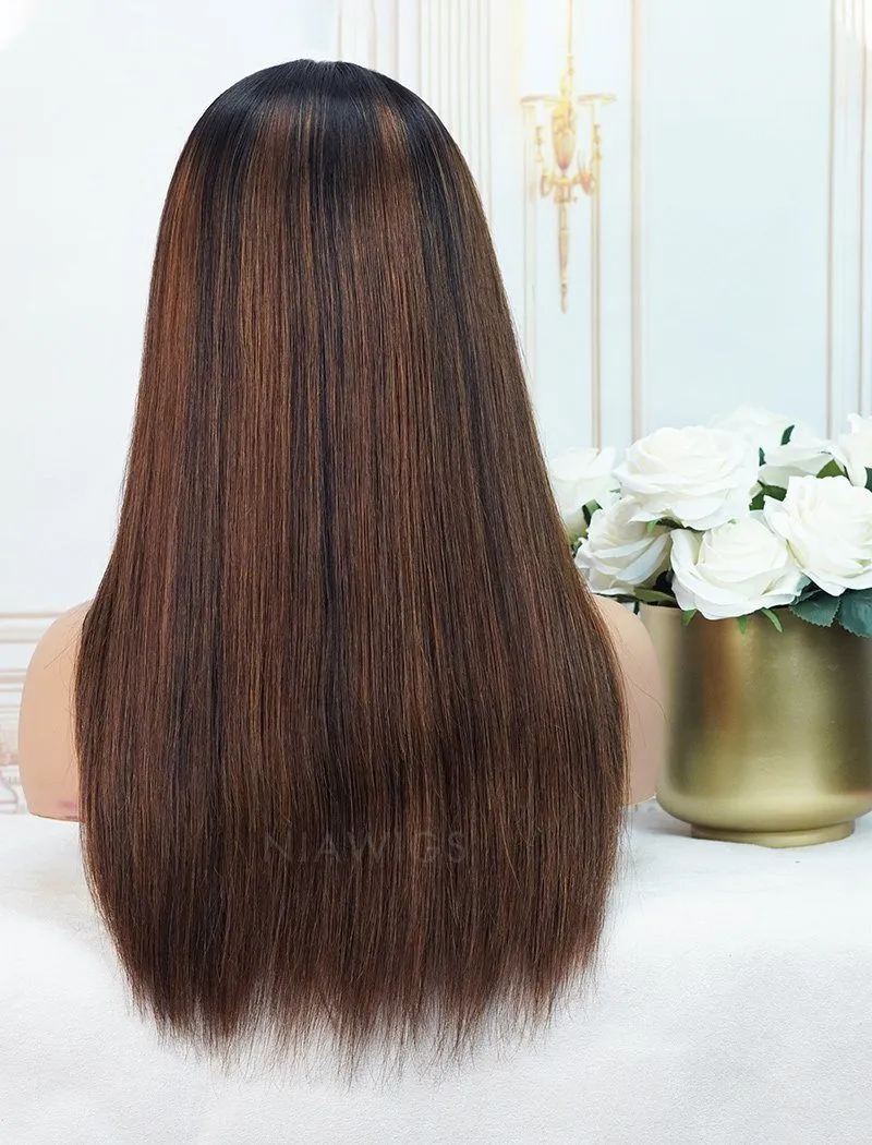 Connie #1b/#4 Highlight Skin Base Lace Front Wigs Human Hair Silky Straight
