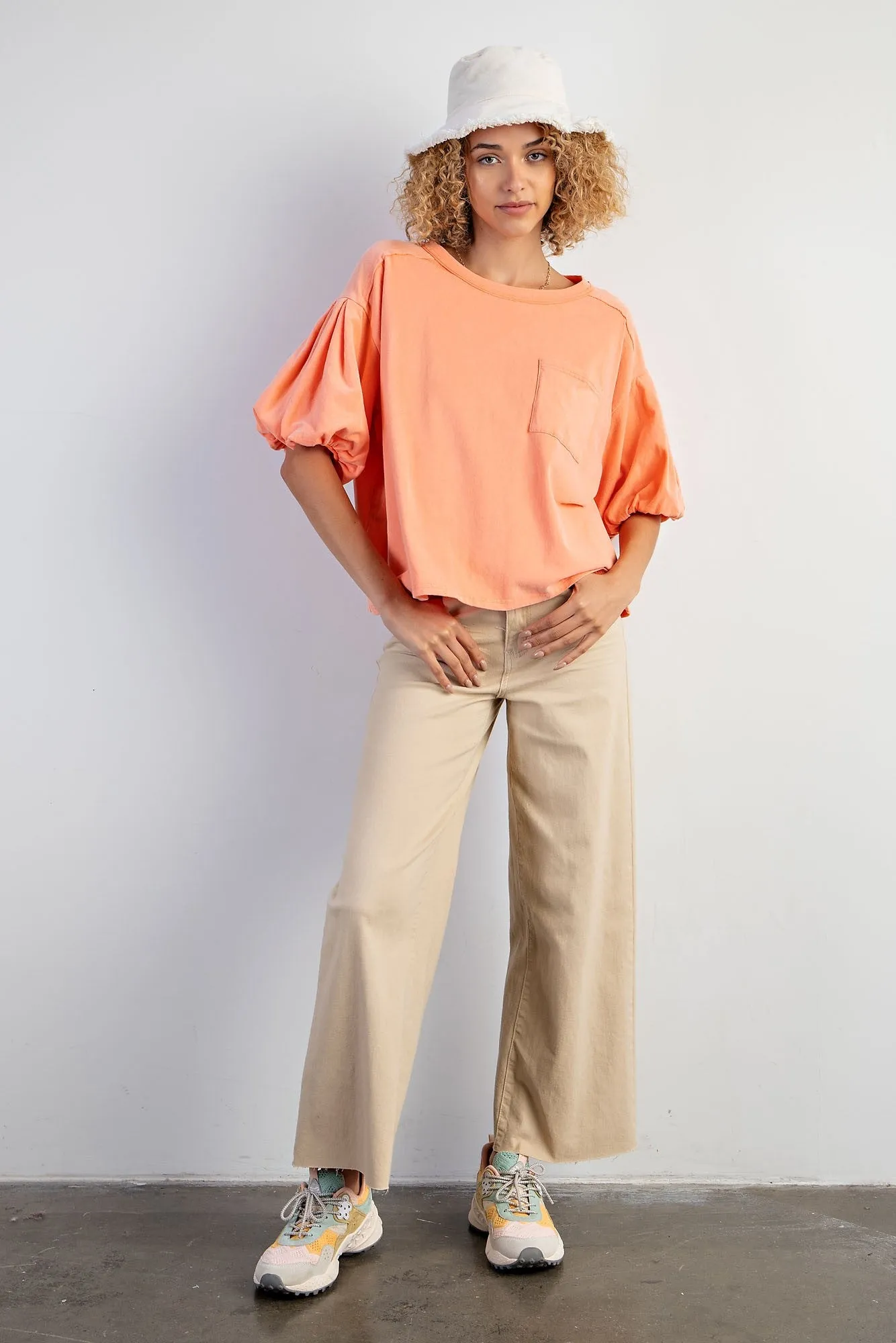 Easel Fanta Cotton Jersey Knit Bubble Sleeve Top