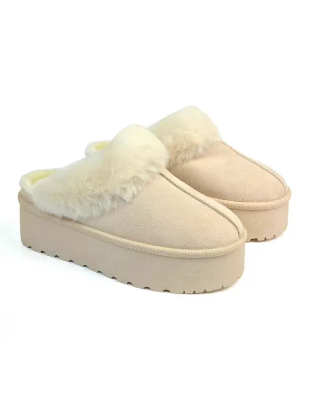 Faith Slip On Faux Fur Slippers with Platform Sole in Grey