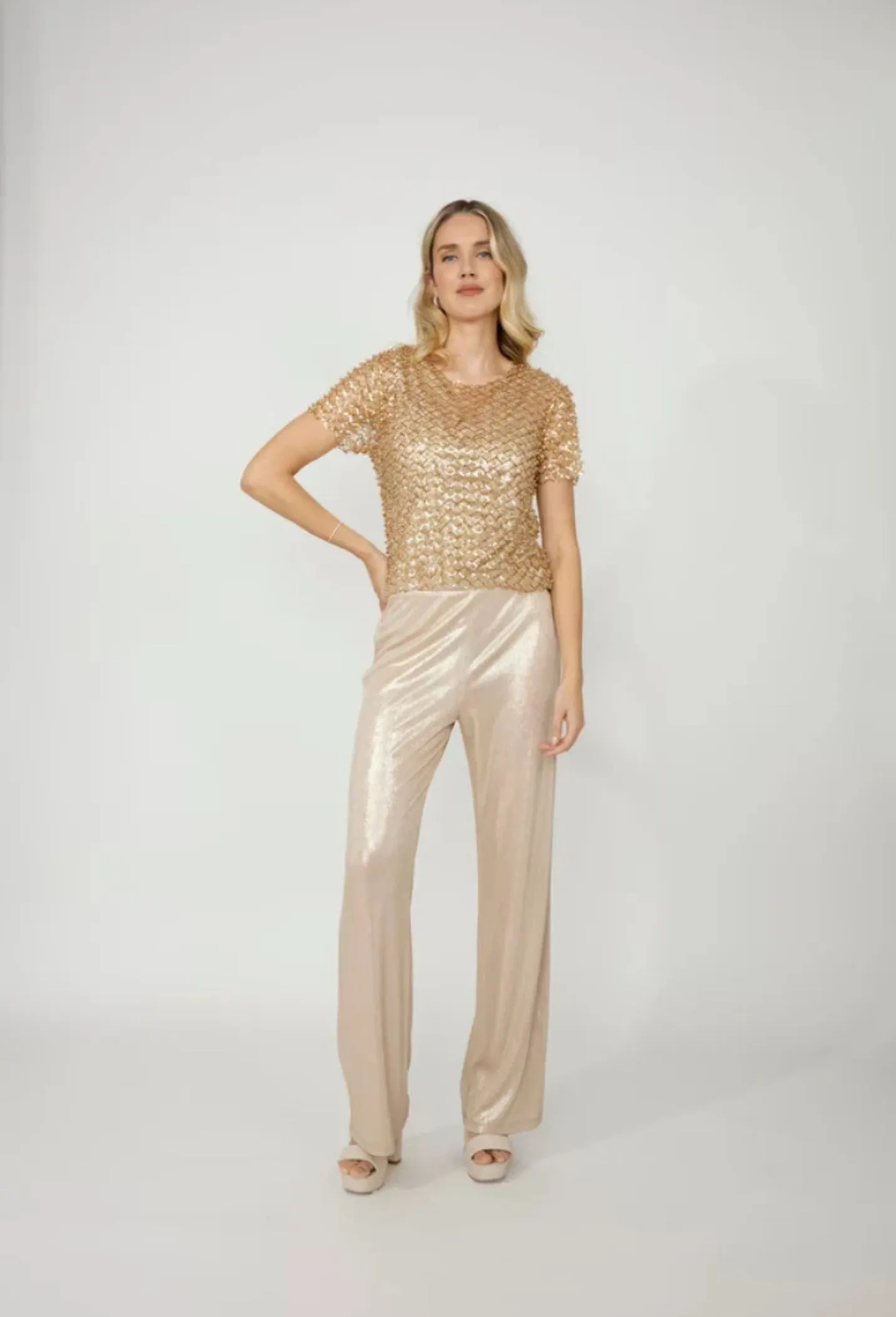 Frank Lyman 258728U Gold Beaded Short Sleeve Top