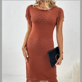 Fringe Openwork Boat Neck Knit Dress