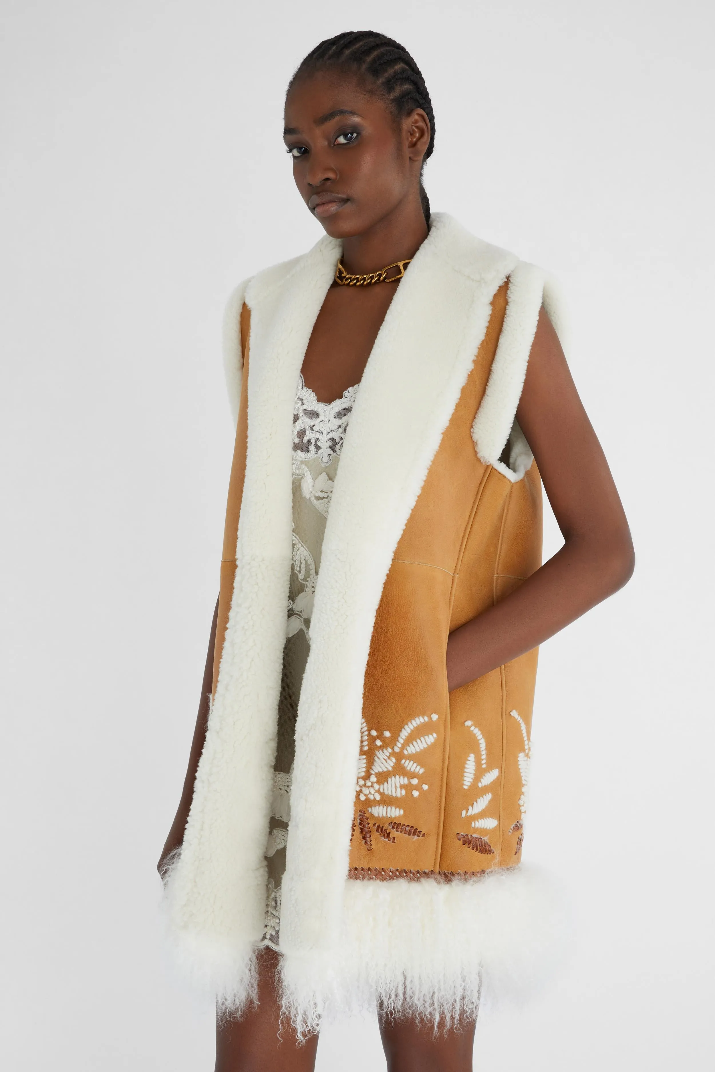 Gilet doppio petto in shearling beige