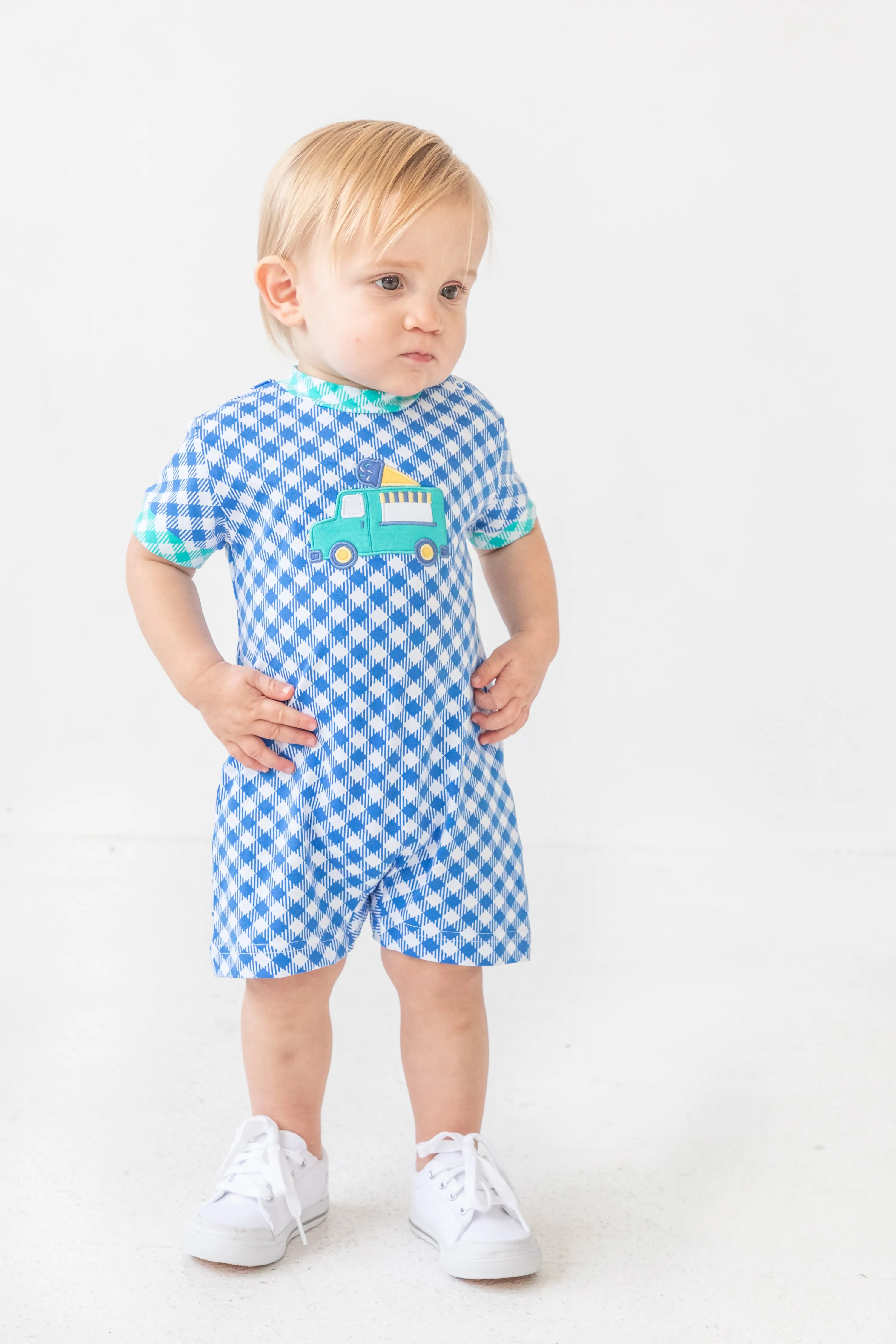 Gingham Print Knit Shortall With Ice Cream Truck