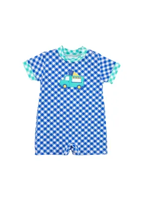 Gingham Print Knit Shortall With Ice Cream Truck