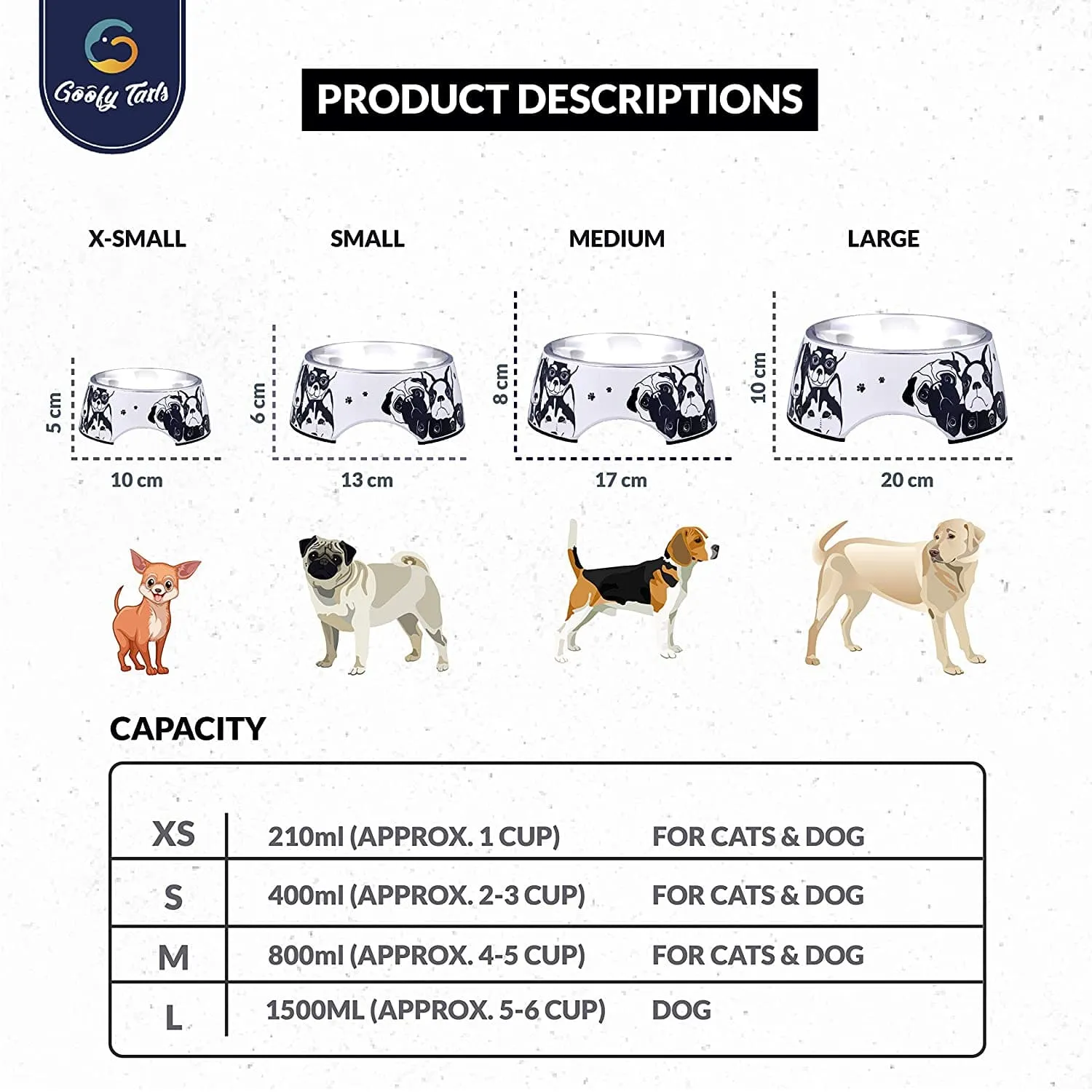 Goofy Tails Stainless Steel and Melamine Dog Print Designer Food Bowl for Dogs