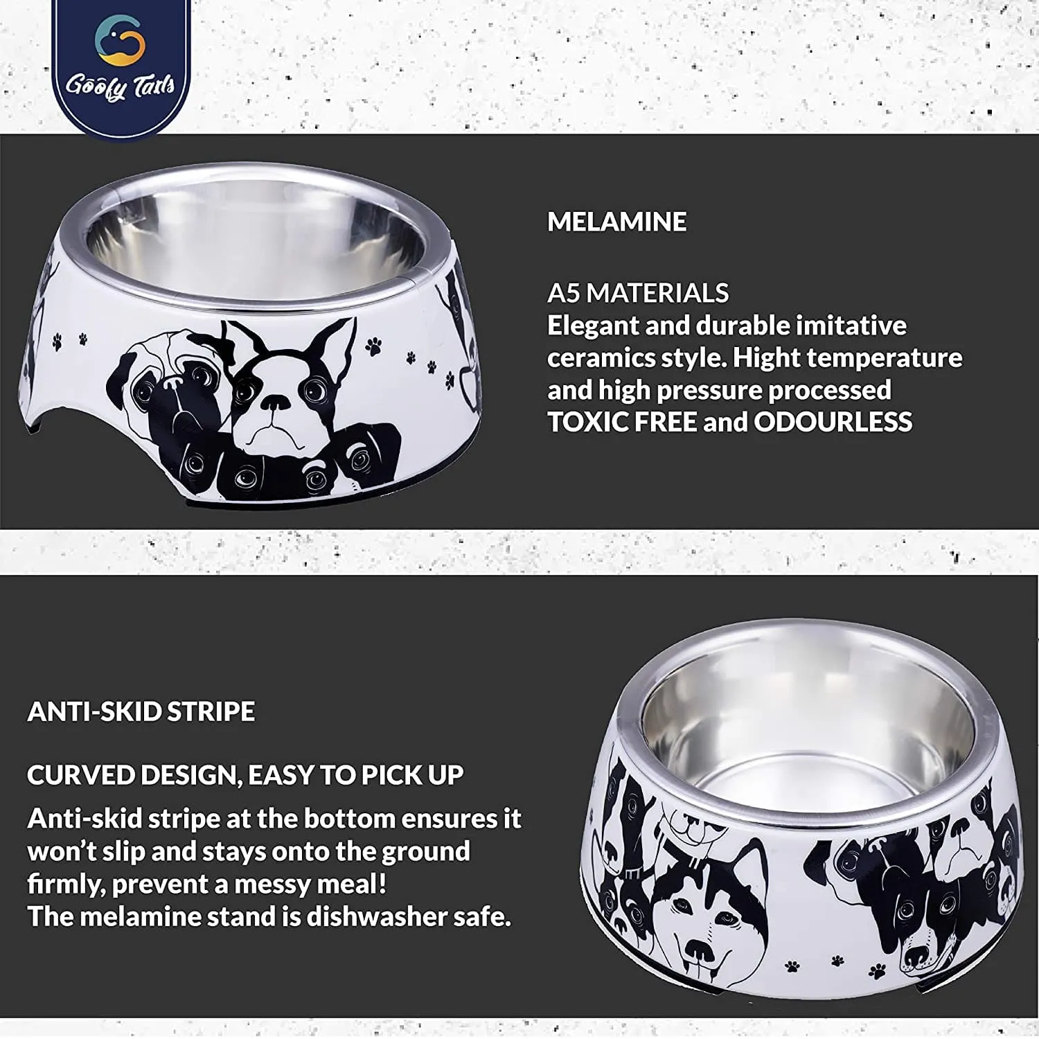 Goofy Tails Stainless Steel and Melamine Dog Print Designer Food Bowl for Dogs