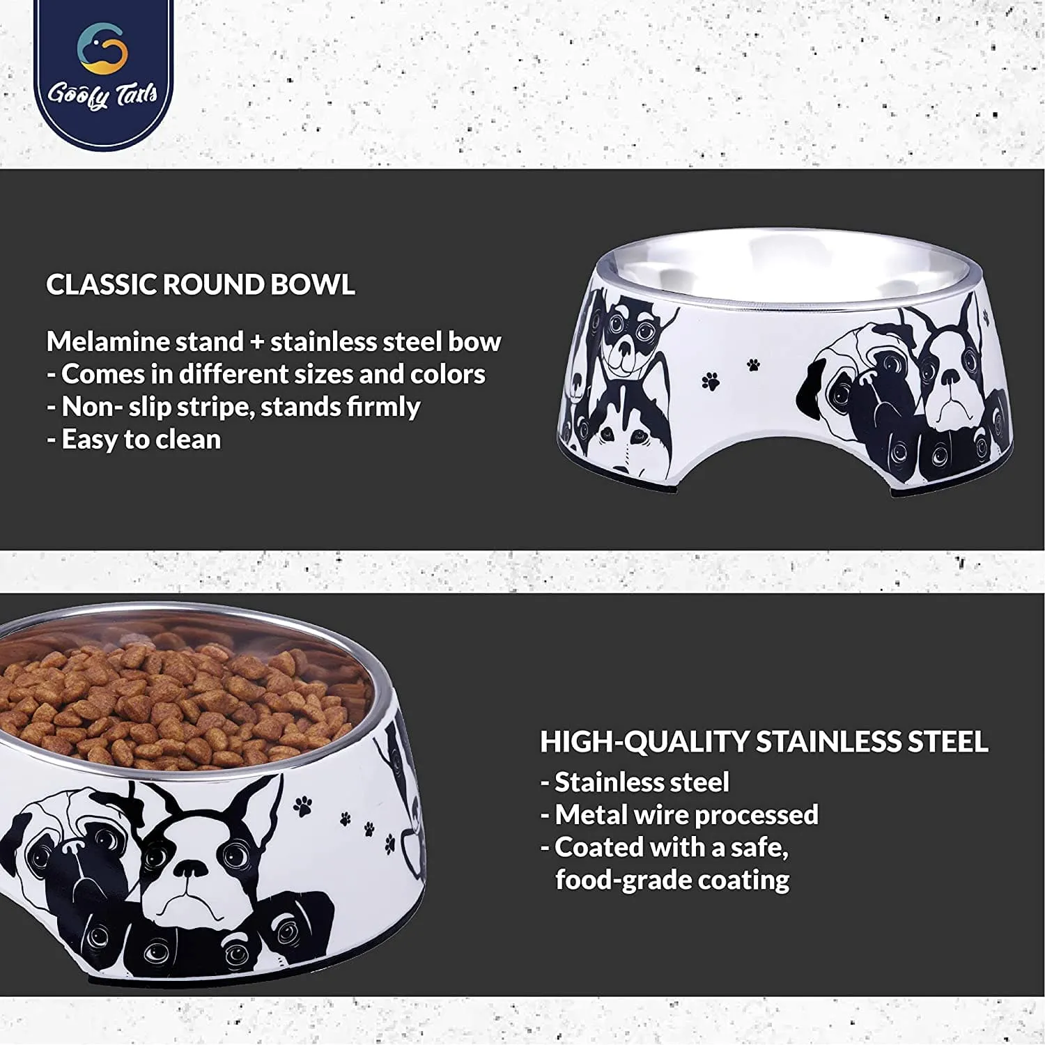 Goofy Tails Stainless Steel and Melamine Dog Print Designer Food Bowl for Dogs
