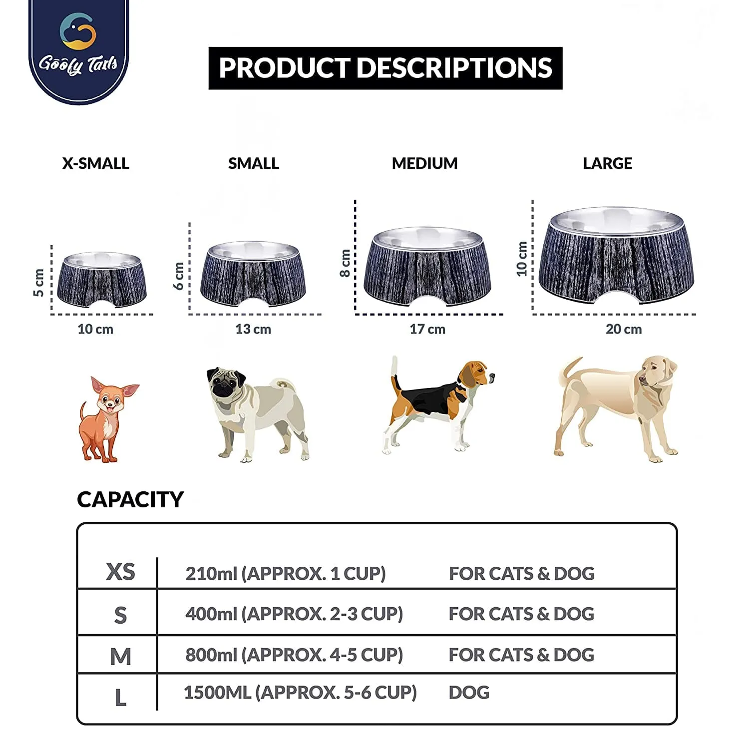 Goofy Tails Stainless Steel and Melamine Wooden Print Designer Food Bowl for Dogs
