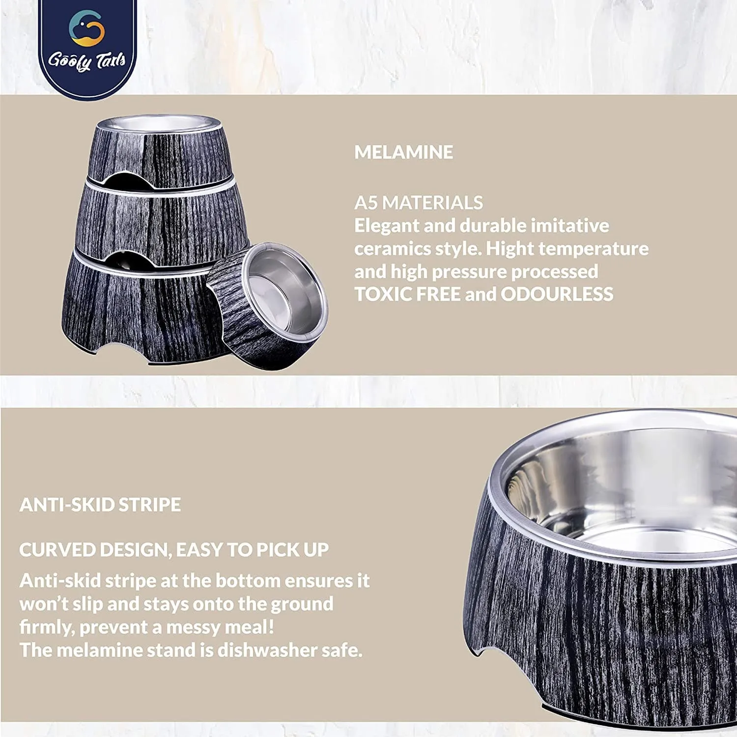 Goofy Tails Stainless Steel and Melamine Wooden Print Designer Food Bowl for Dogs