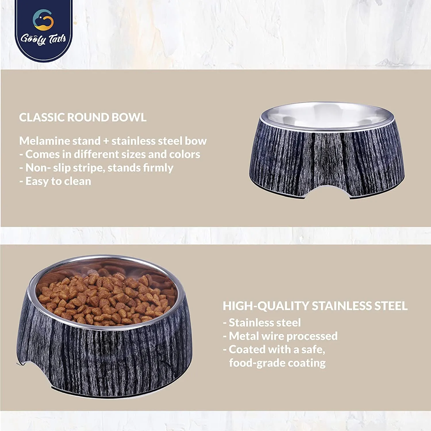 Goofy Tails Stainless Steel and Melamine Wooden Print Designer Food Bowl for Dogs