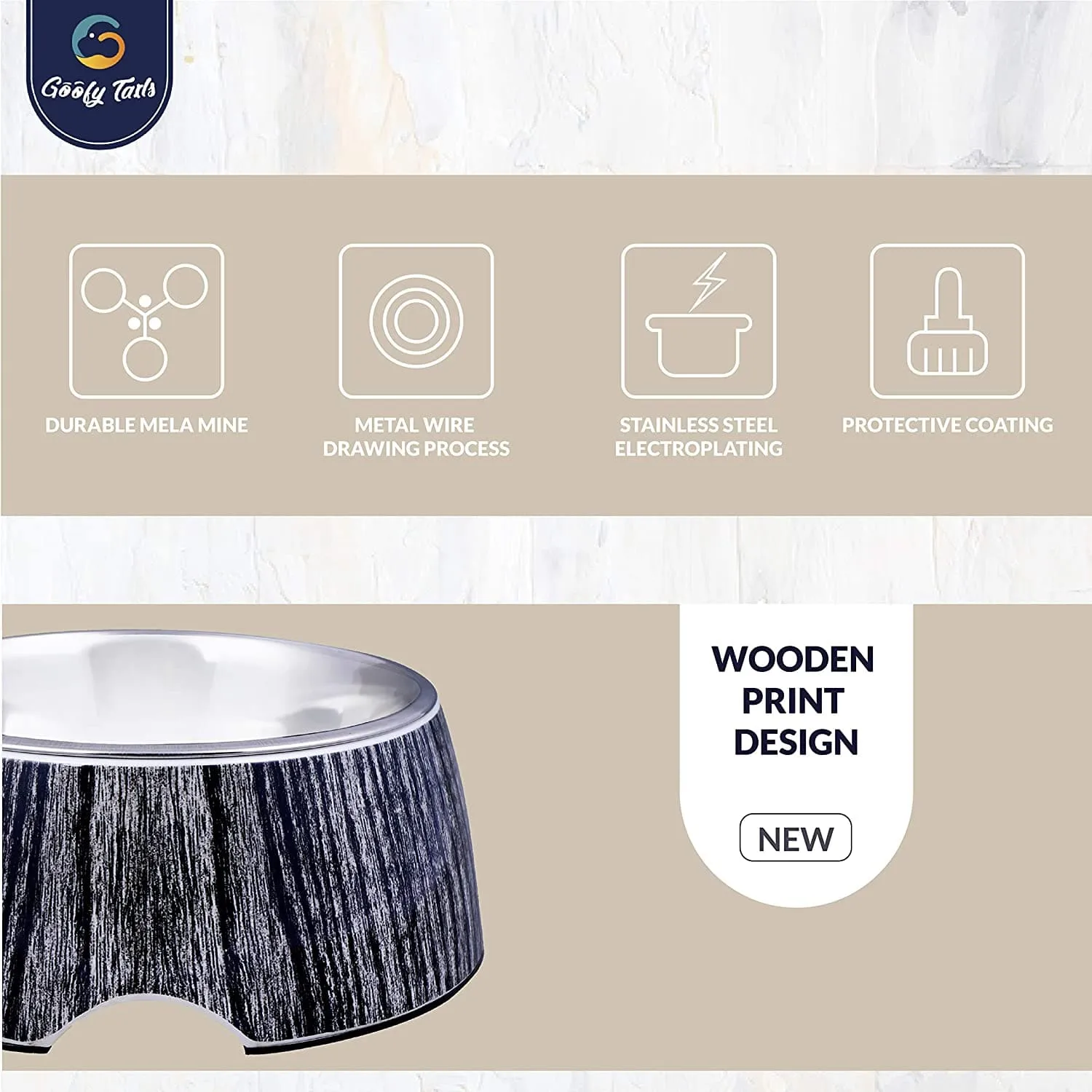 Goofy Tails Stainless Steel and Melamine Wooden Print Designer Food Bowl for Dogs