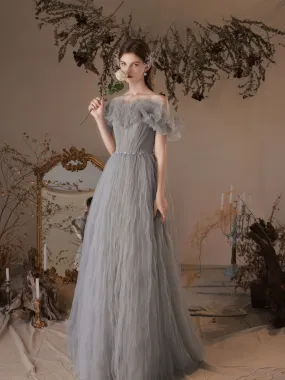 Gray Tulle Off Shoulder Long Prom Dress, Gray Tulle Formal Dress
