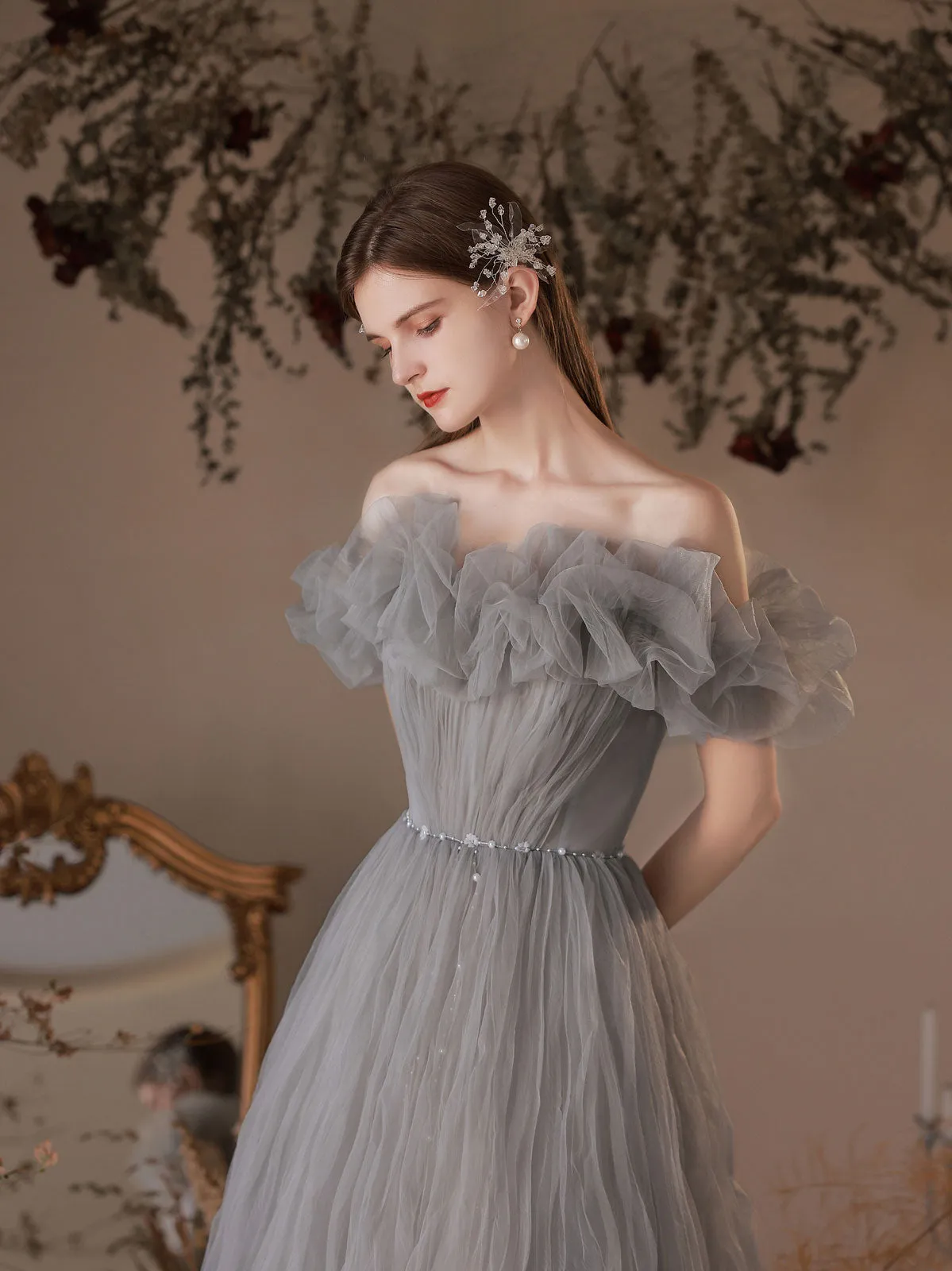 Gray Tulle Off Shoulder Long Prom Dress, Gray Tulle Formal Dress