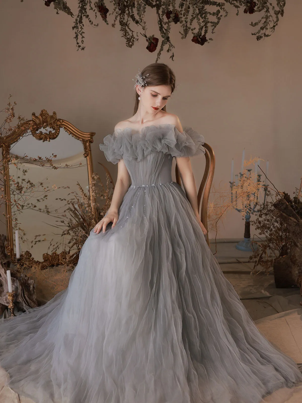 Gray Tulle Off Shoulder Long Prom Dress, Gray Tulle Formal Dress
