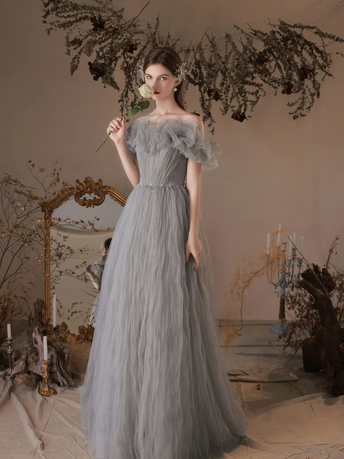 Gray Tulle Off Shoulder Long Prom Dress, Gray Tulle Formal Dress
