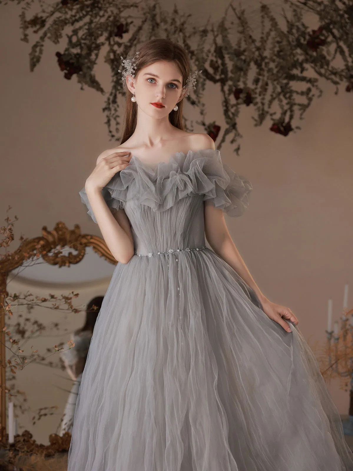 Gray Tulle Off Shoulder Long Prom Dress, Gray Tulle Formal Dress