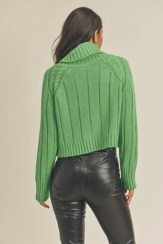 Green Cable Knit Turtleneck Sweater