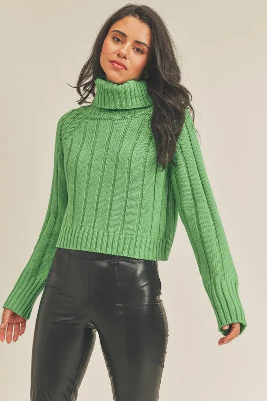 Green Cable Knit Turtleneck Sweater