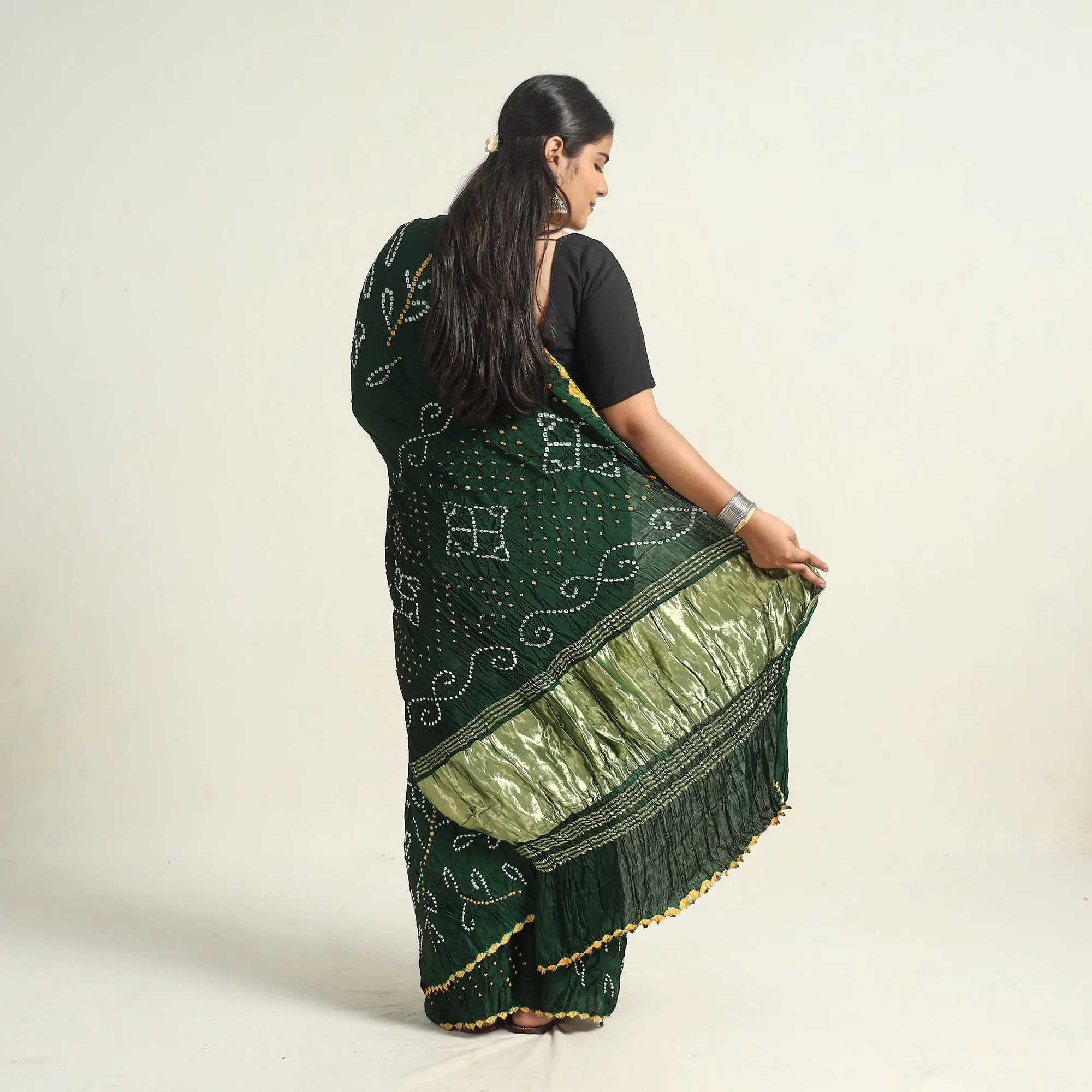 Green - Kutch Tie-Dye Modal Silk Bandhani Saree with Zari Border 59