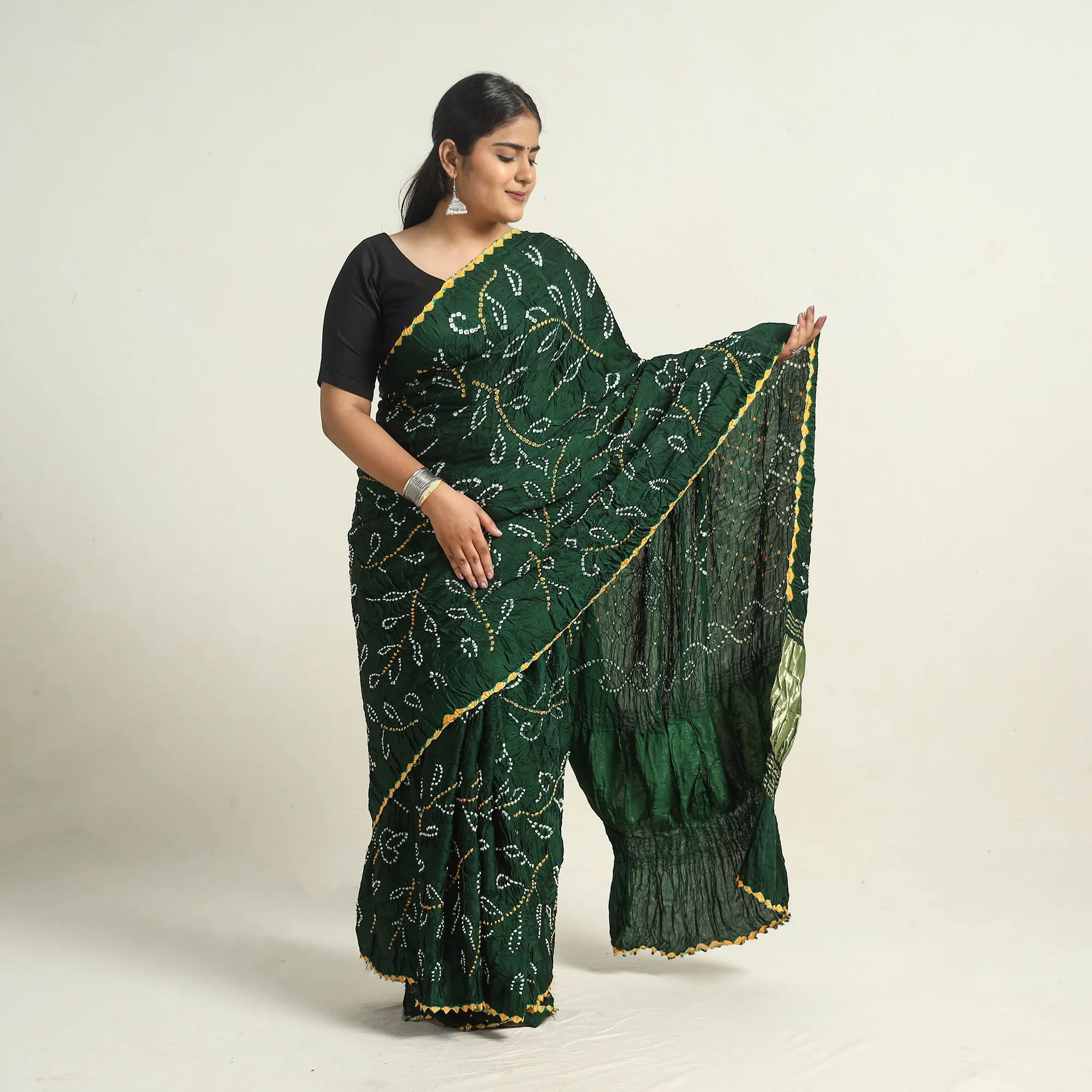 Green - Kutch Tie-Dye Modal Silk Bandhani Saree with Zari Border 59
