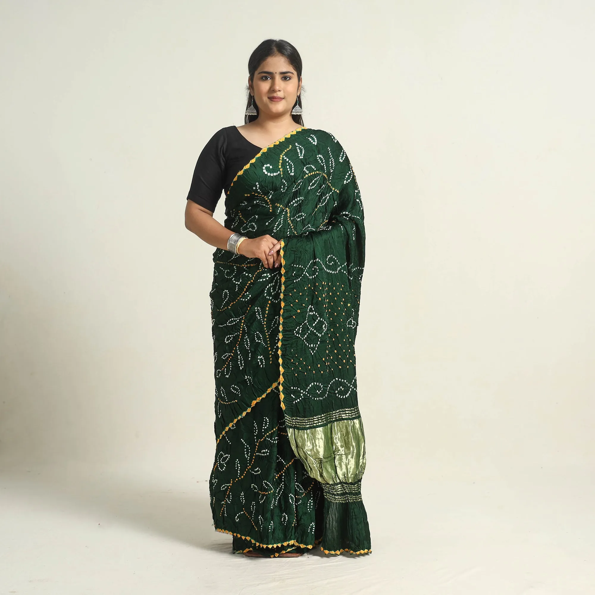 Green - Kutch Tie-Dye Modal Silk Bandhani Saree with Zari Border 59