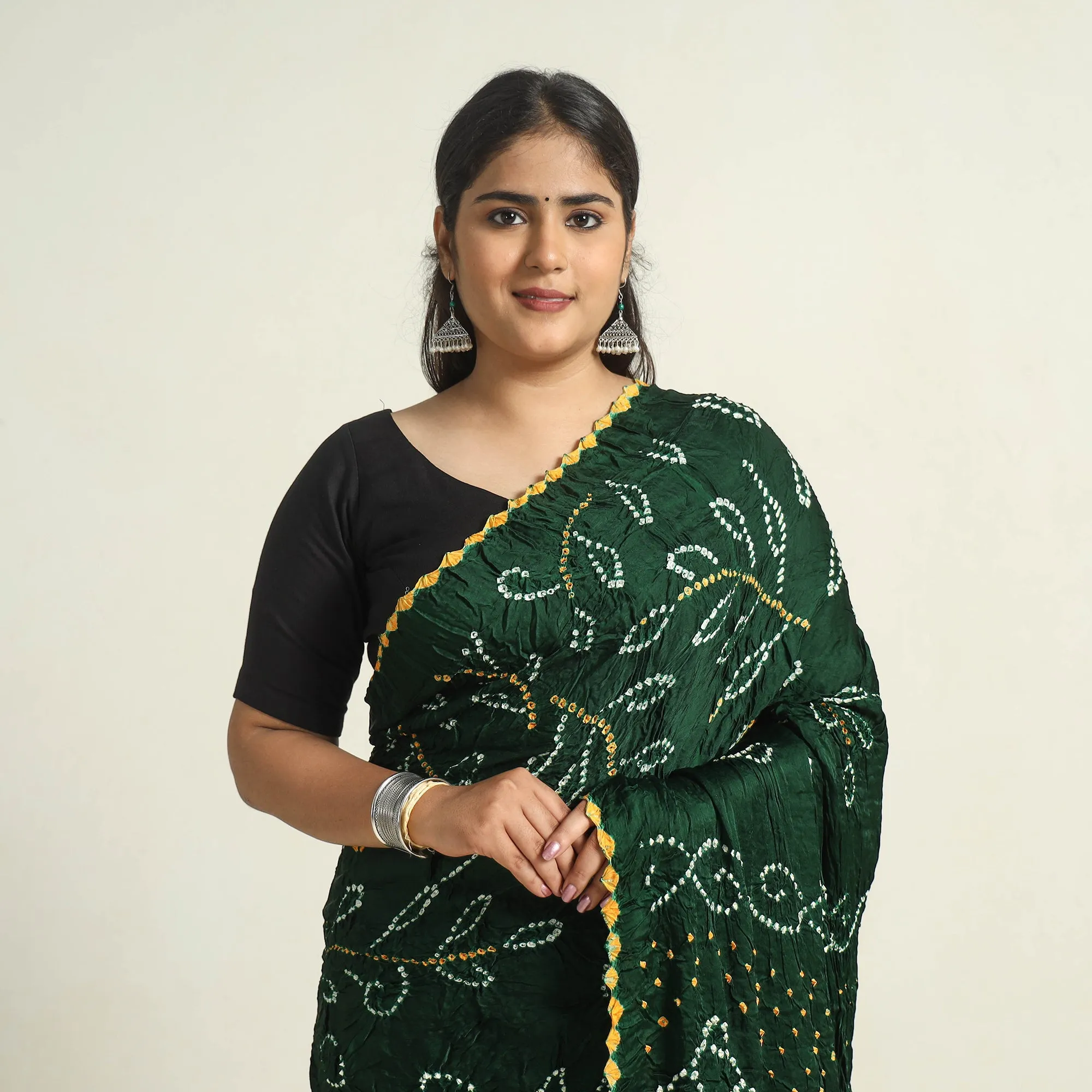 Green - Kutch Tie-Dye Modal Silk Bandhani Saree with Zari Border 59