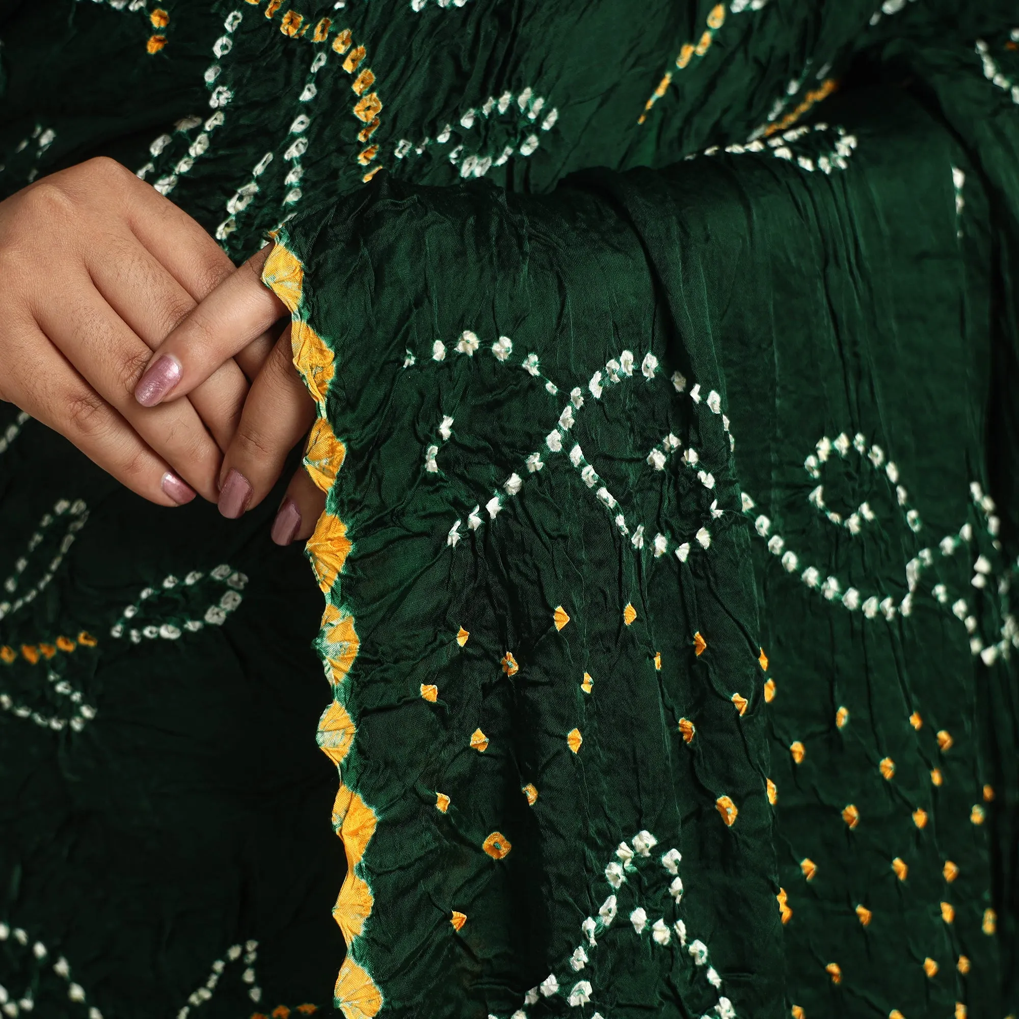 Green - Kutch Tie-Dye Modal Silk Bandhani Saree with Zari Border 59