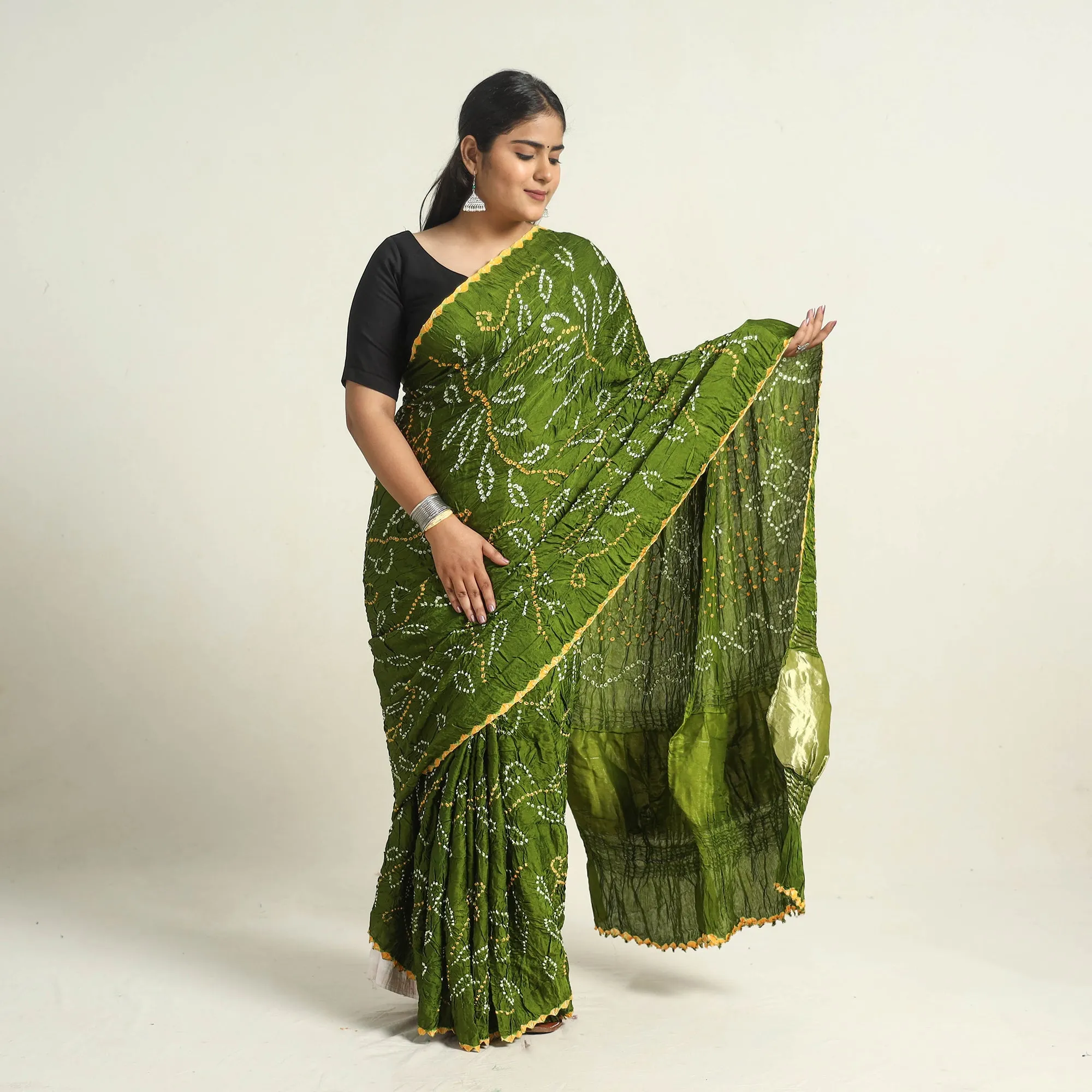 Green - Kutch Tie-Dye Modal Silk Bandhani Saree with Zari Border 62