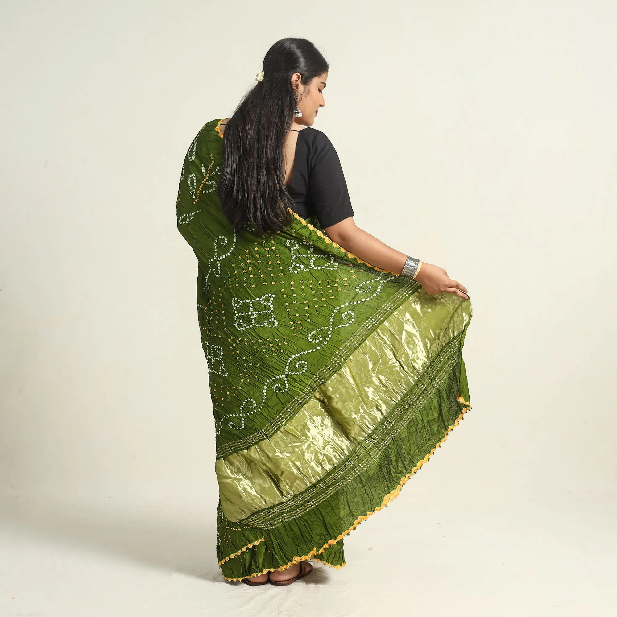 Green - Kutch Tie-Dye Modal Silk Bandhani Saree with Zari Border 62