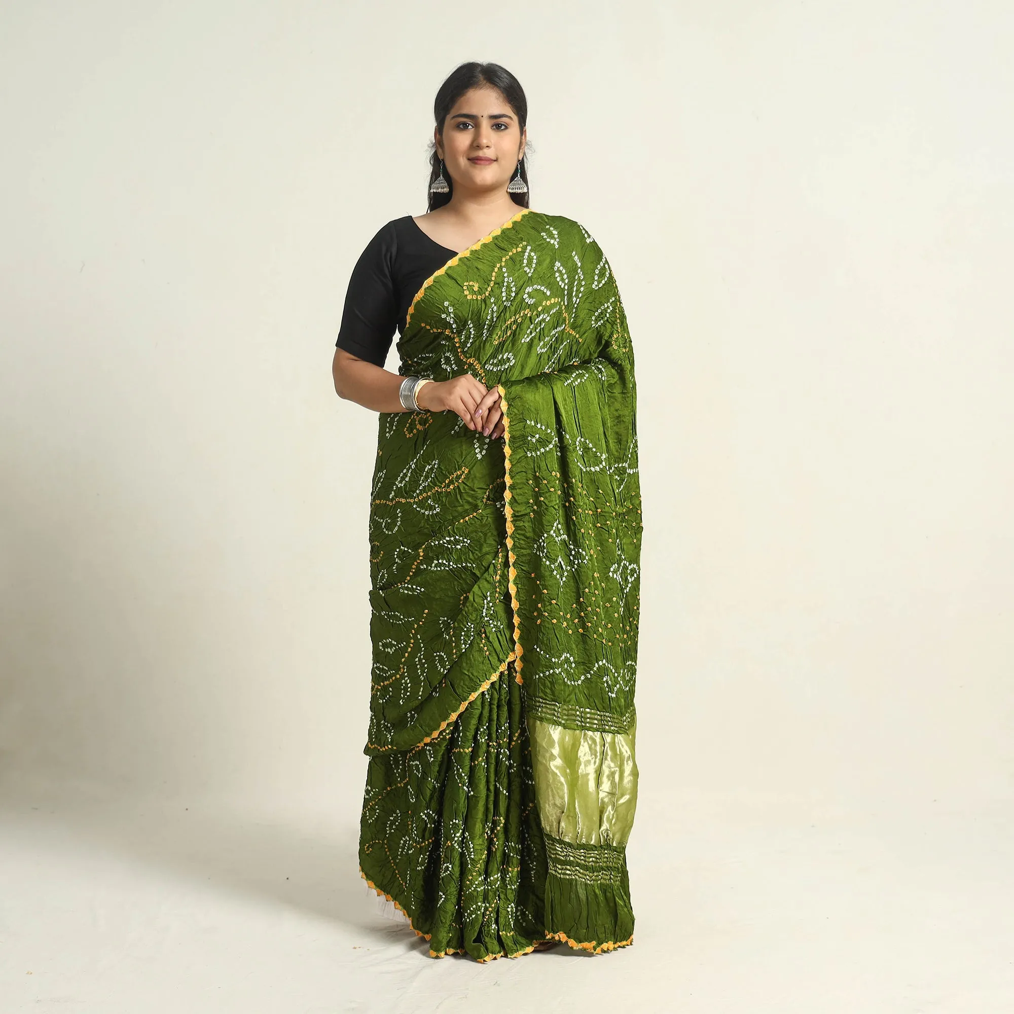 Green - Kutch Tie-Dye Modal Silk Bandhani Saree with Zari Border 62