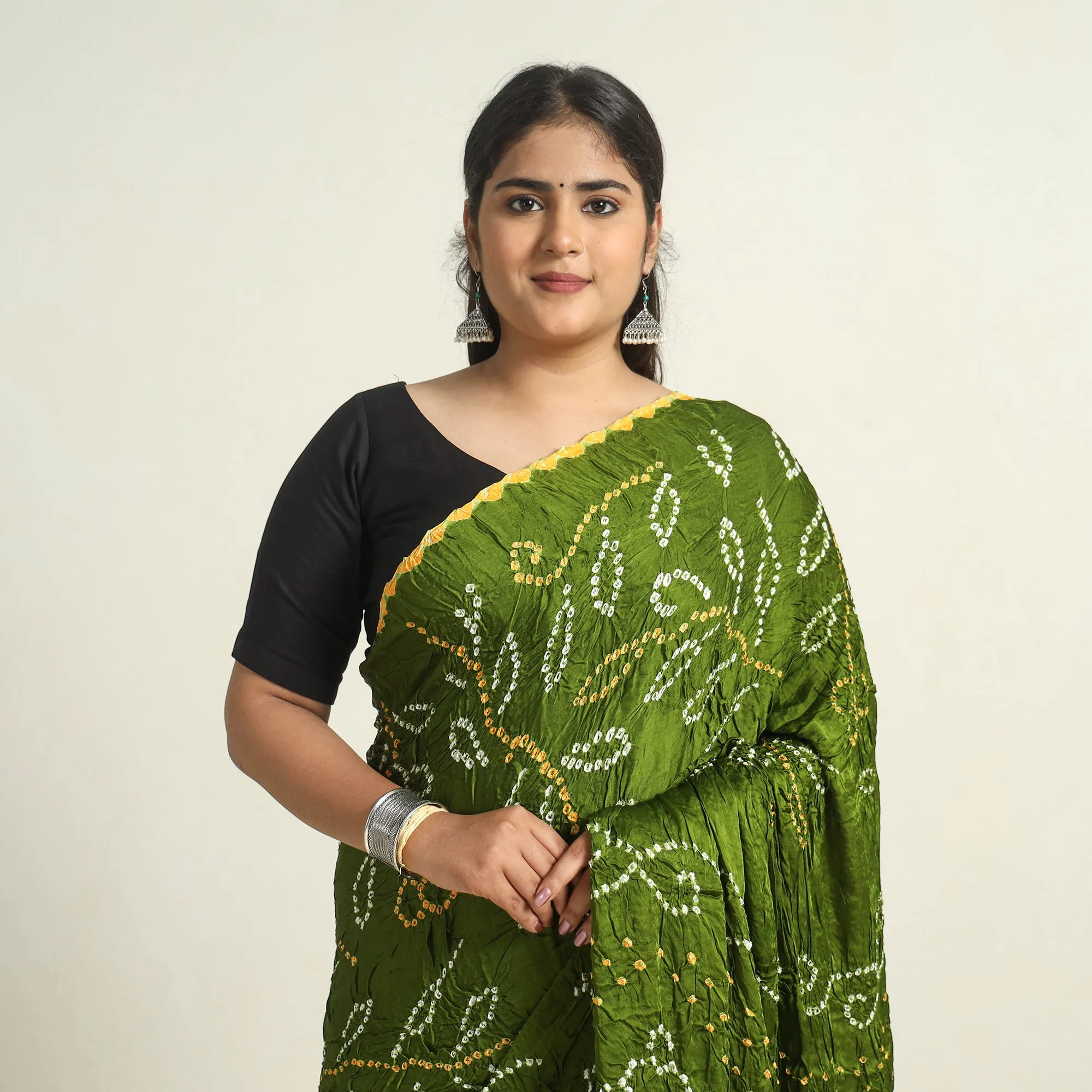 Green - Kutch Tie-Dye Modal Silk Bandhani Saree with Zari Border 62