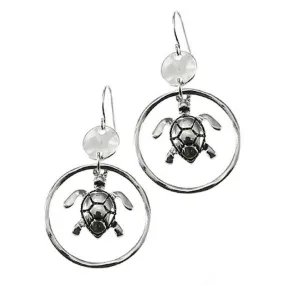 Hammered Circle Hoop Silver Sea Turtle Earrings