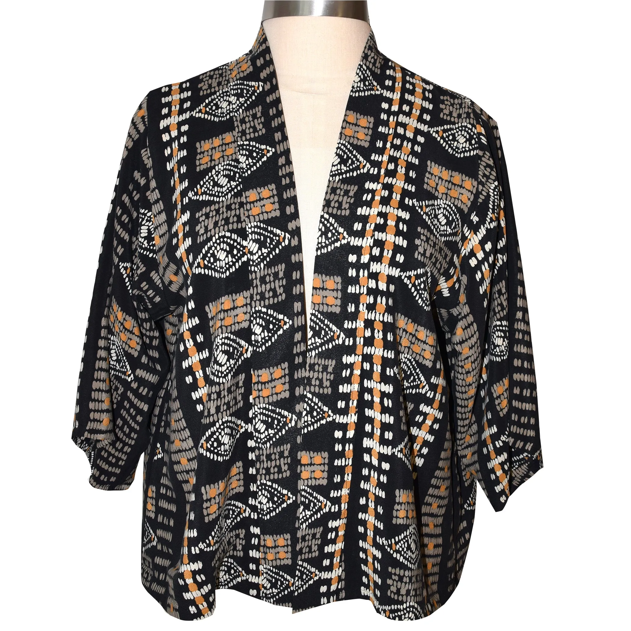 Handsome Crepe de Chine Silk Kimono Jacket in Gold and Black Pattern