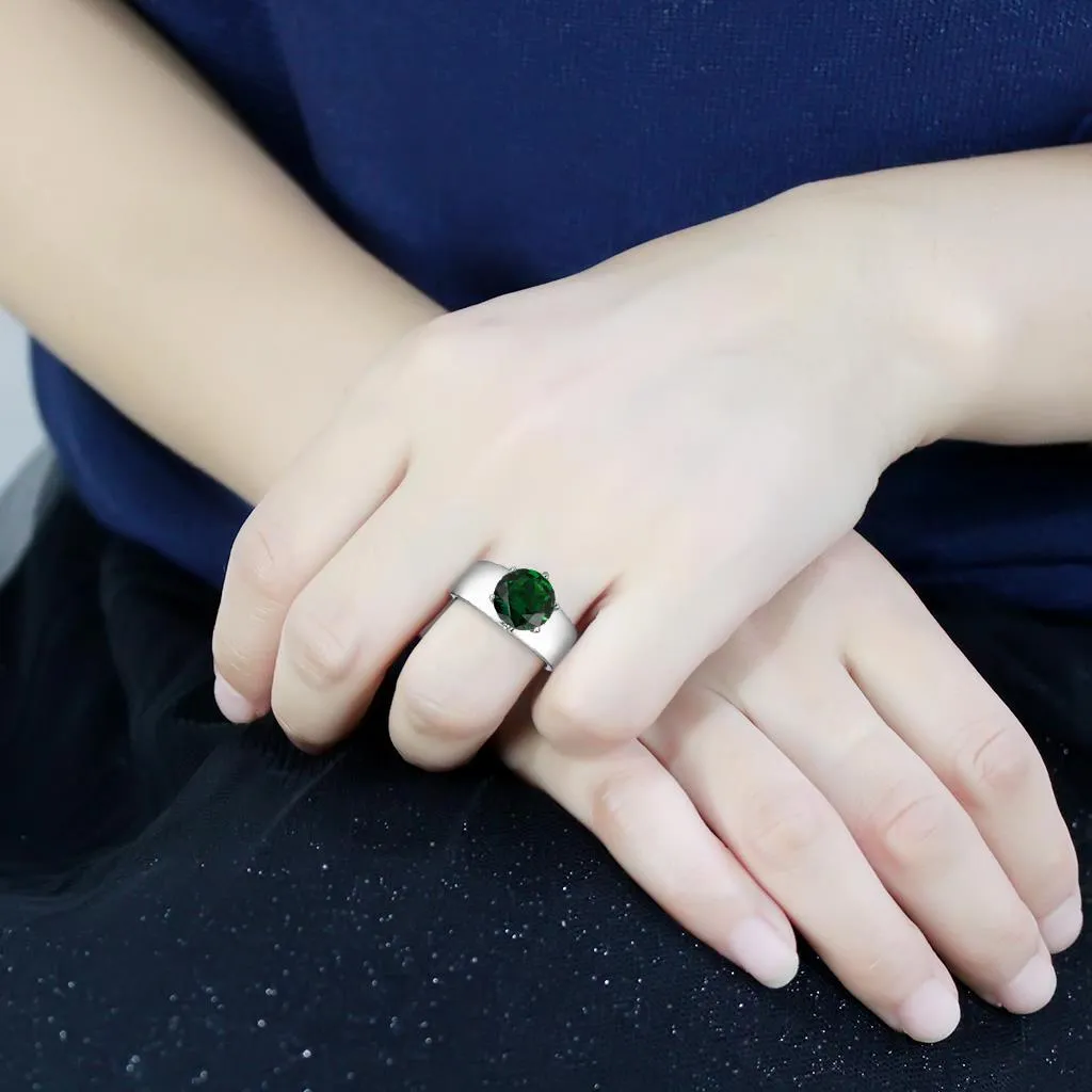 High polished (no plating) Stainless Steel Ring with Synthetic Synthetic Glass in Emerald for Women Style TK52005