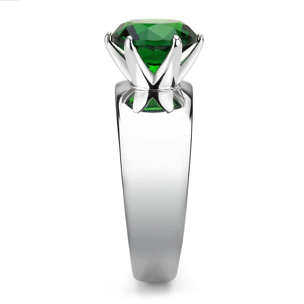 High polished (no plating) Stainless Steel Ring with Synthetic Synthetic Glass in Emerald for Women Style TK52005