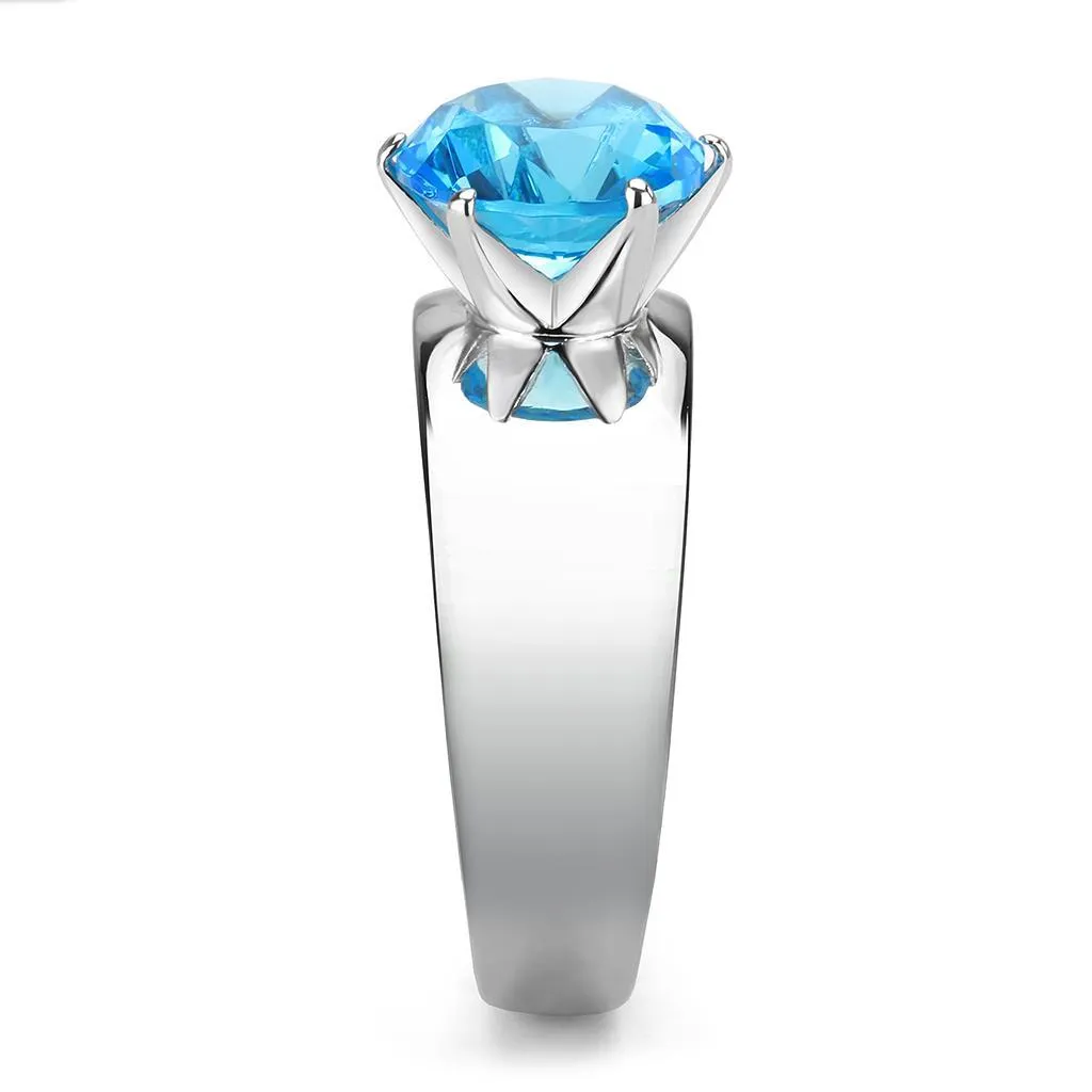 High polished (no plating) Stainless Steel Ring with Synthetic Synthetic Glass in Sea Blue for Women Style TK52003