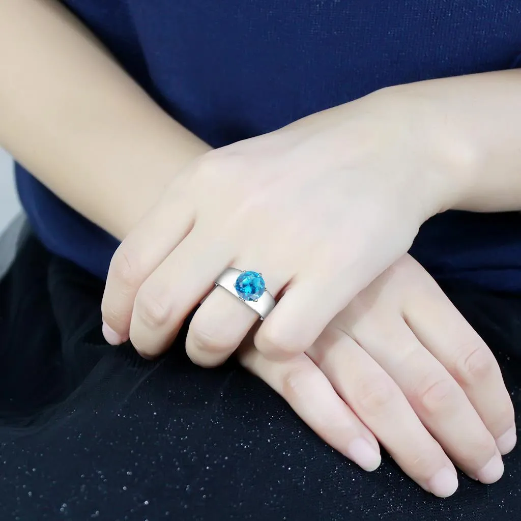 High polished (no plating) Stainless Steel Ring with Synthetic Synthetic Glass in Sea Blue for Women Style TK52003