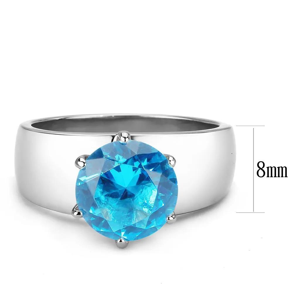 High polished (no plating) Stainless Steel Ring with Synthetic Synthetic Glass in Sea Blue for Women Style TK52003