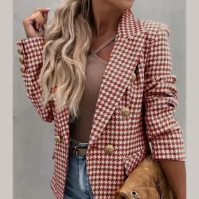 Houndstooth Collared Neck Double-Breasted Blazer