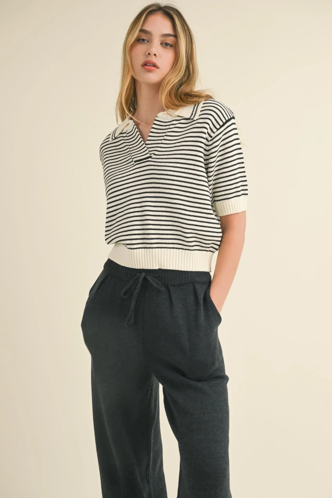 Jessica Striped Collared Knit Top