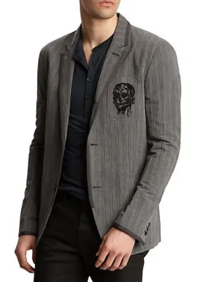 JOHN VARVATOS Mens grey cotton stripe varsity blazer with skull embroidery on chest pocket, 44R