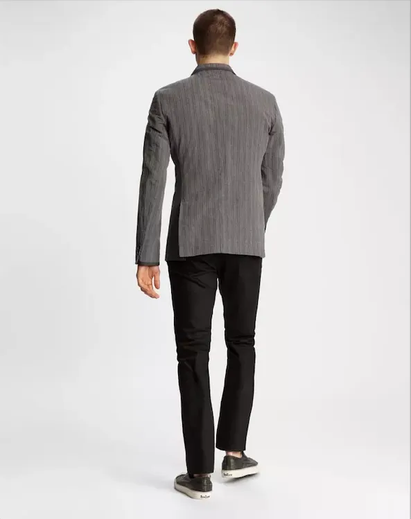 JOHN VARVATOS Mens grey cotton stripe varsity blazer with skull embroidery on chest pocket, 44R