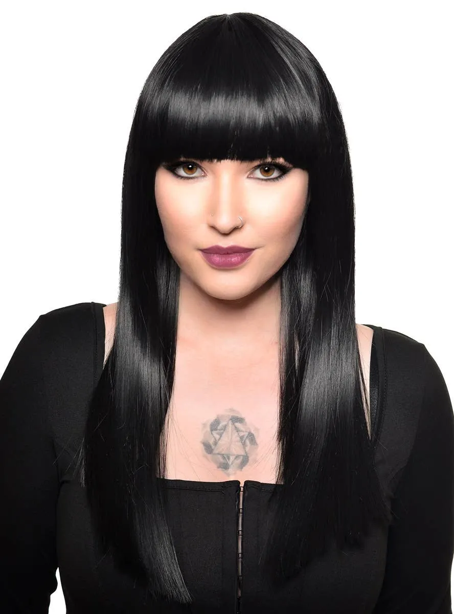 Long Black Heat Resistant Womens Fashion Wig with Fringe