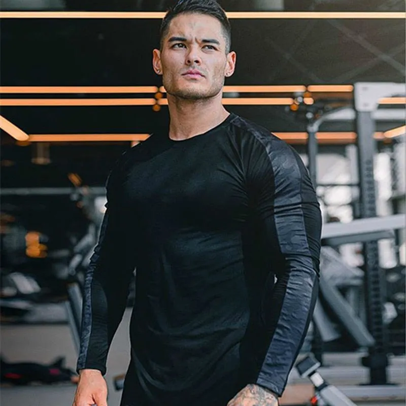 Long Sleeve Shirt Men Gym Fitness T-shirt Male Running Sport Bodybuilding Skinny Tee Tops Muscle Workout Clothing
