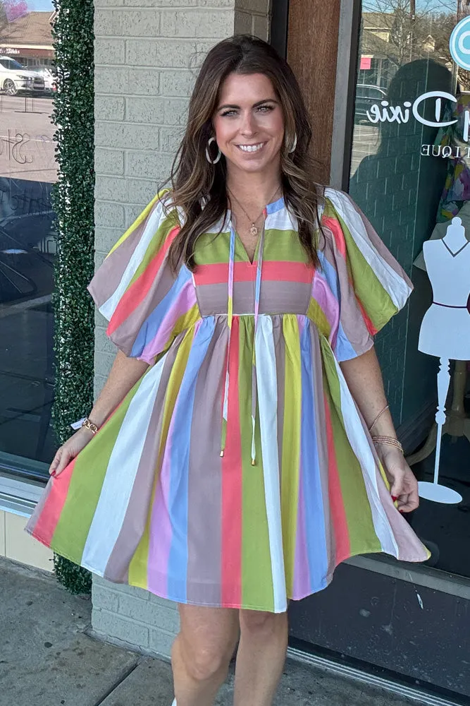 Love You Forever Striped Babydoll Dress-Lime/Mocha