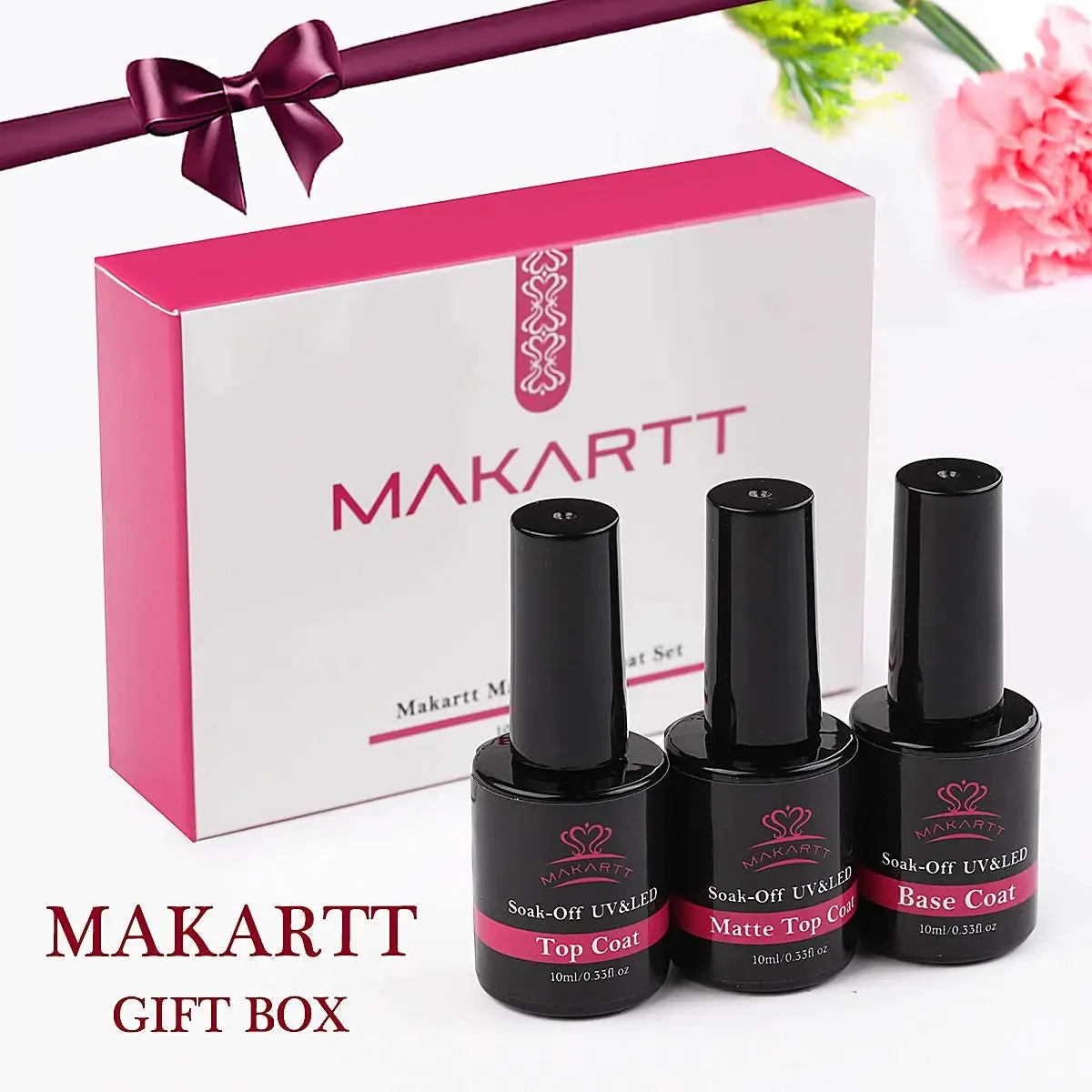 Makartt Matte Top Coat and Base Coat Clear Gel Nail Polish High Gloss Top Gel 3 in 1 Gel Coat Set No Wipe Gel Top Coat Gel Base Coat Matte Shine Finish Gel Top Long Lasting Soak Off Nail Gel 10ml 3pcs