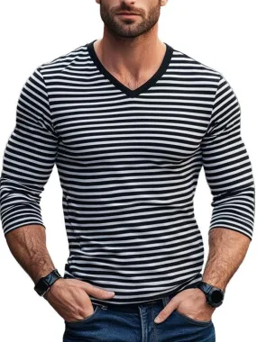 Men's Contrast Striped Casual V-Neck Long-Sleeved T-Shirt