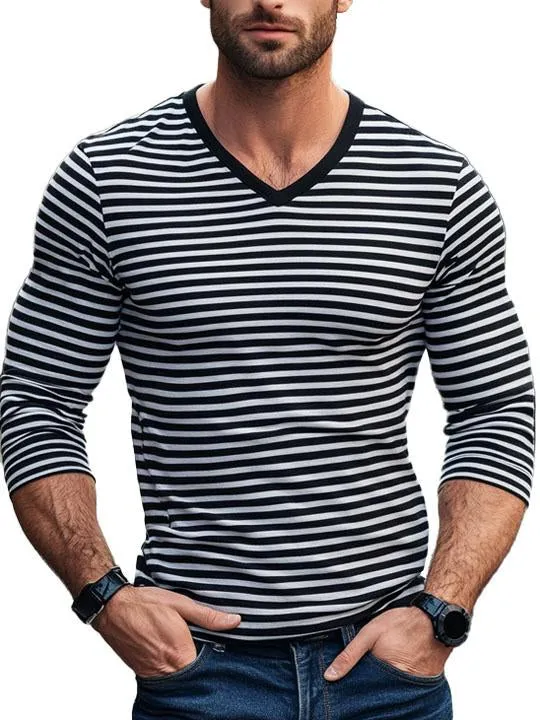 Men's Contrast Striped Casual V-Neck Long-Sleeved T-Shirt