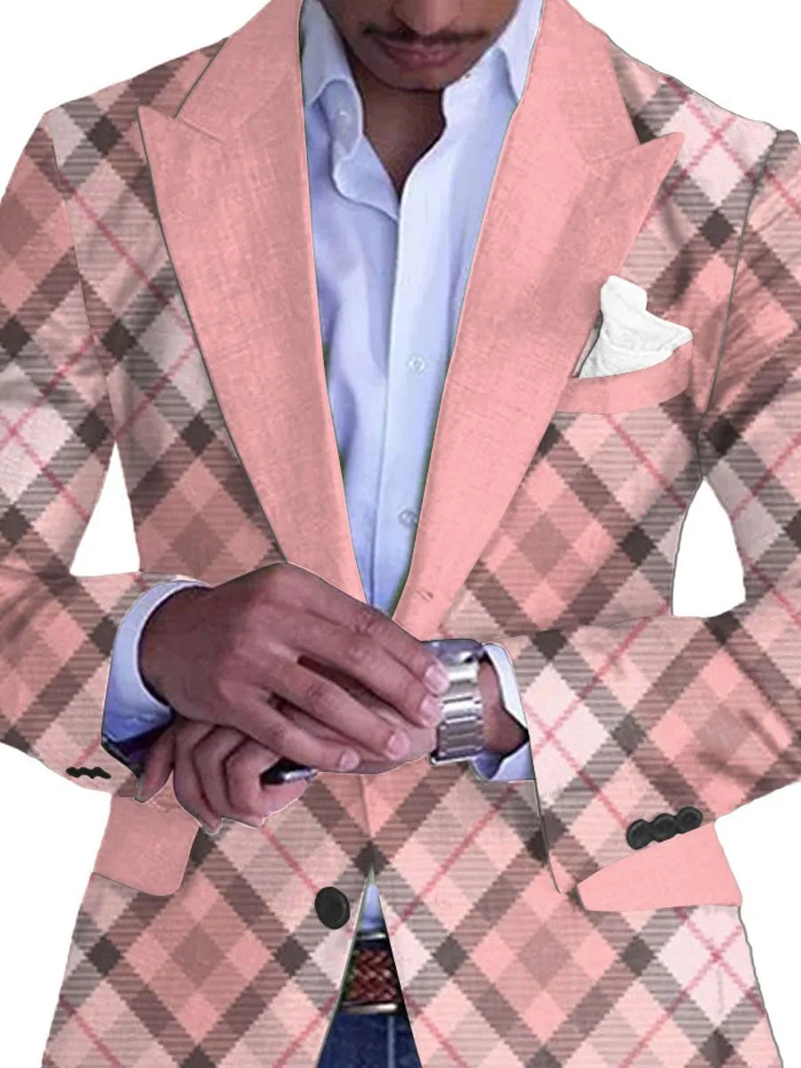 Men's Pink Plaid Print Single-Breasted Casual Blazer