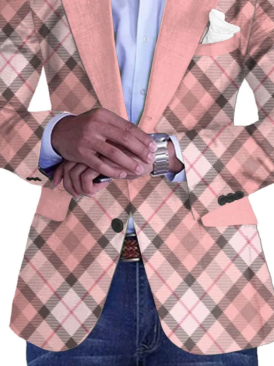 Men's Pink Plaid Print Single-Breasted Casual Blazer